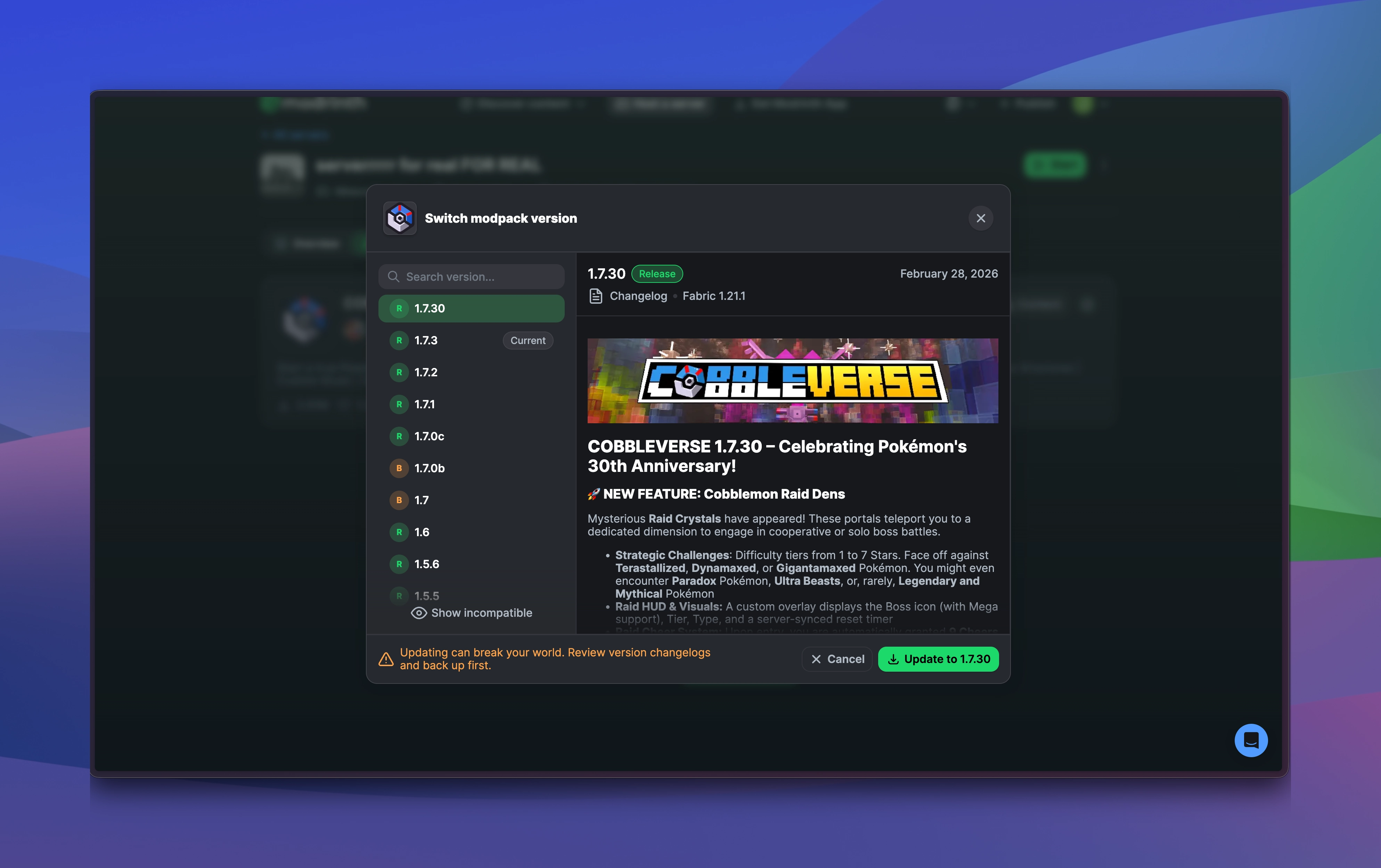 A screenshot of a new pop-out interface for switching a modpack version, featuring a column on the left of versions, a preview of the changelog of the selected version on the right, and warnings about potential compatibility issues with changing the modpack version.